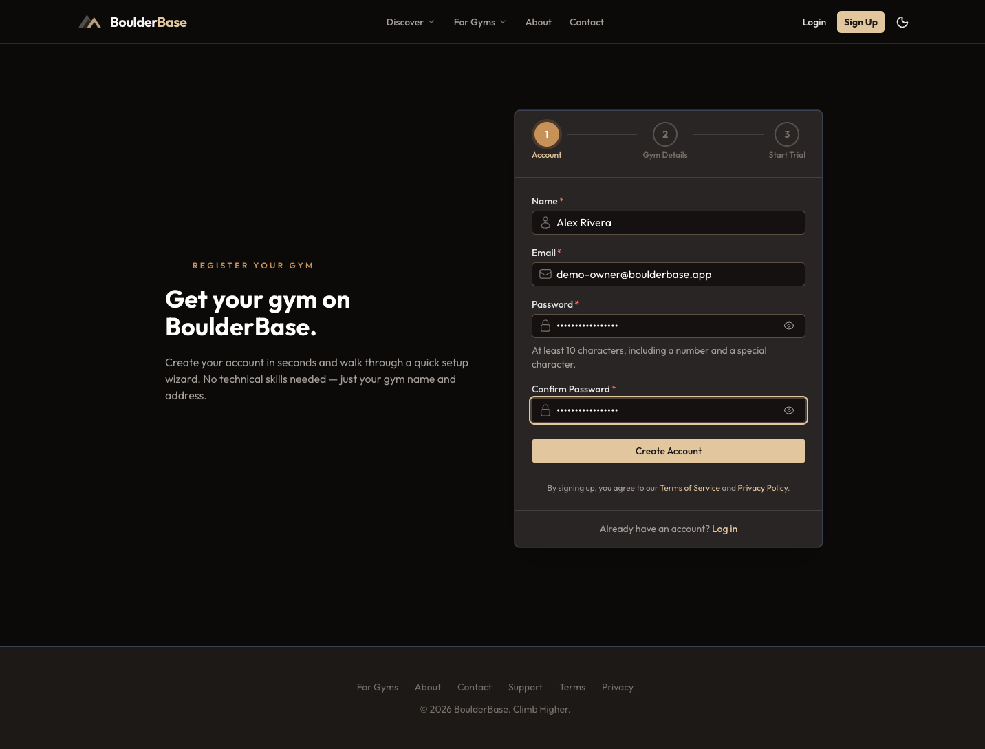 The create-account step of the gym registration wizard