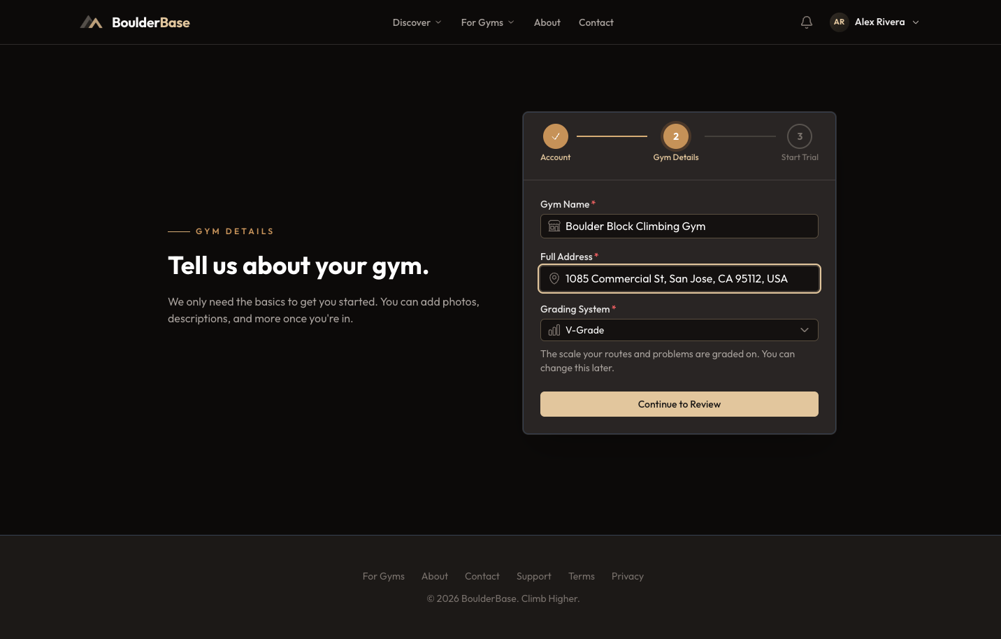 The gym details step with name, address, and grading system