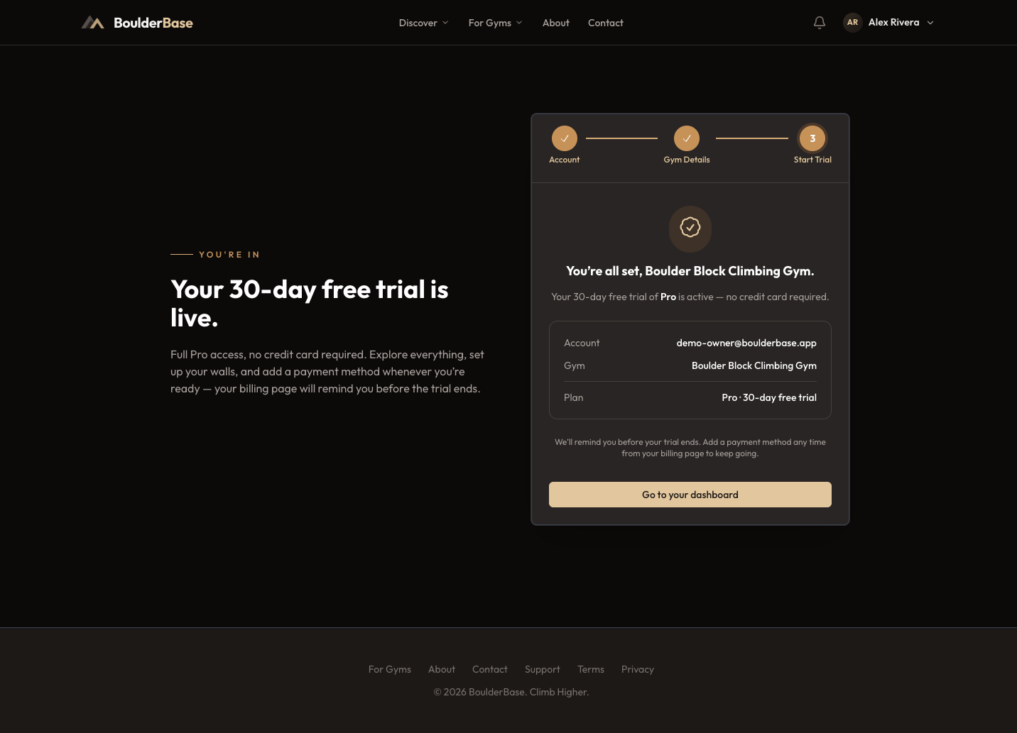 Confirmation that the 30 day free trial is live