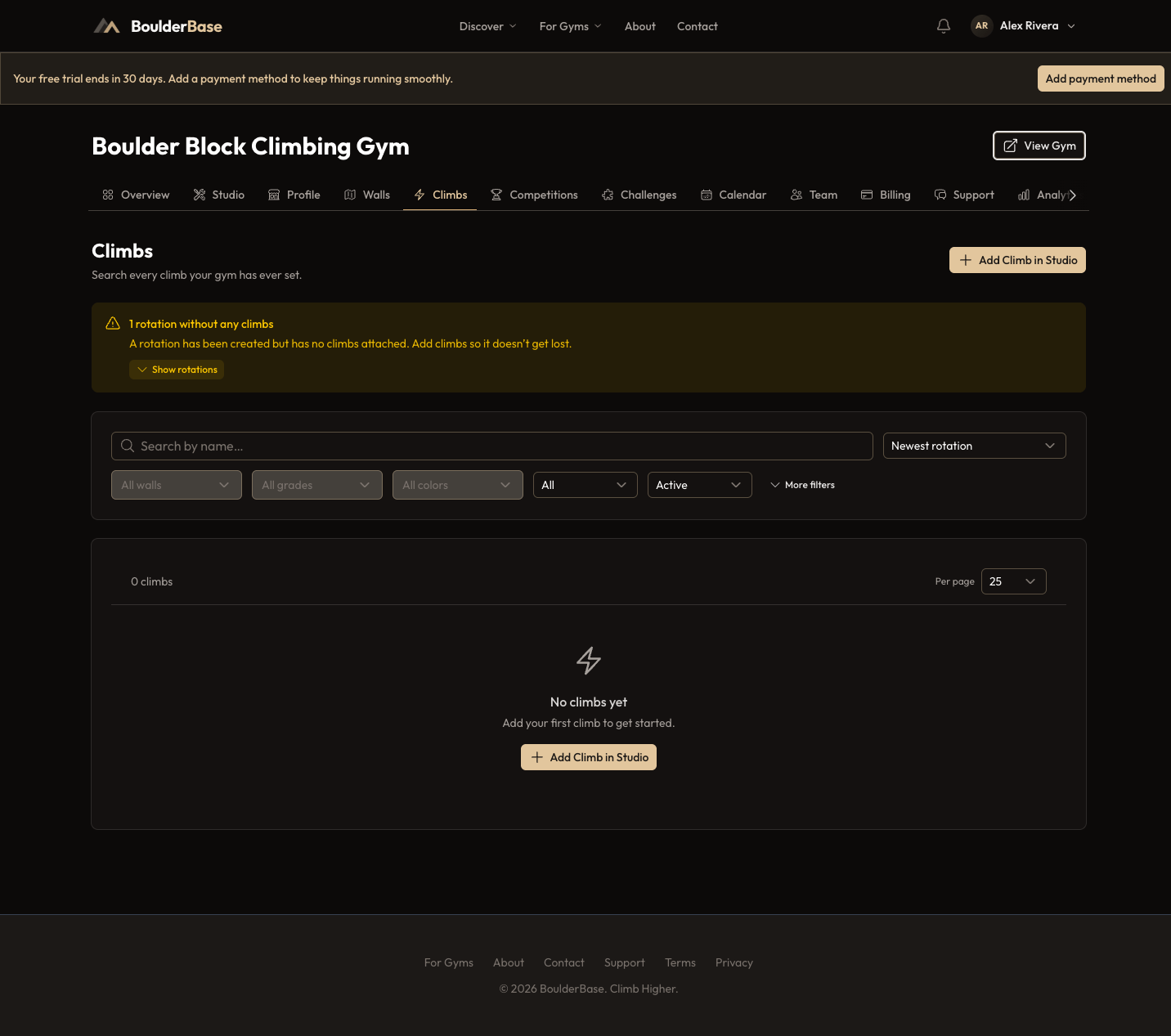 The Climbs tab with search and filters, ready for the first climb
