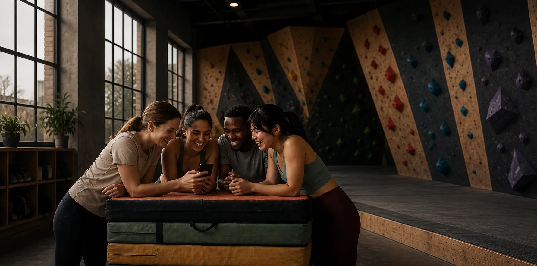 Boulderers gathered at the base of a wall