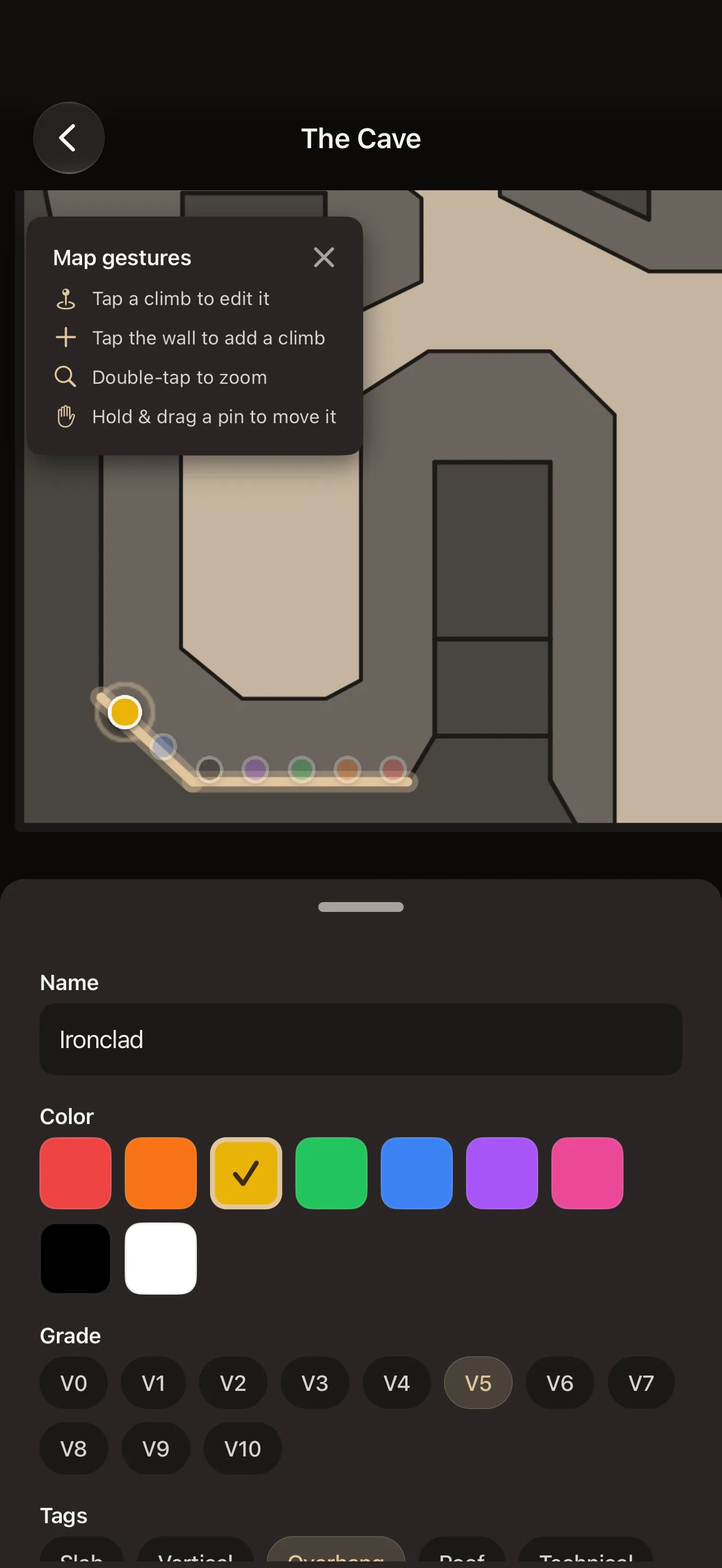 BoulderBase iPhone app placing climbs on the gym map