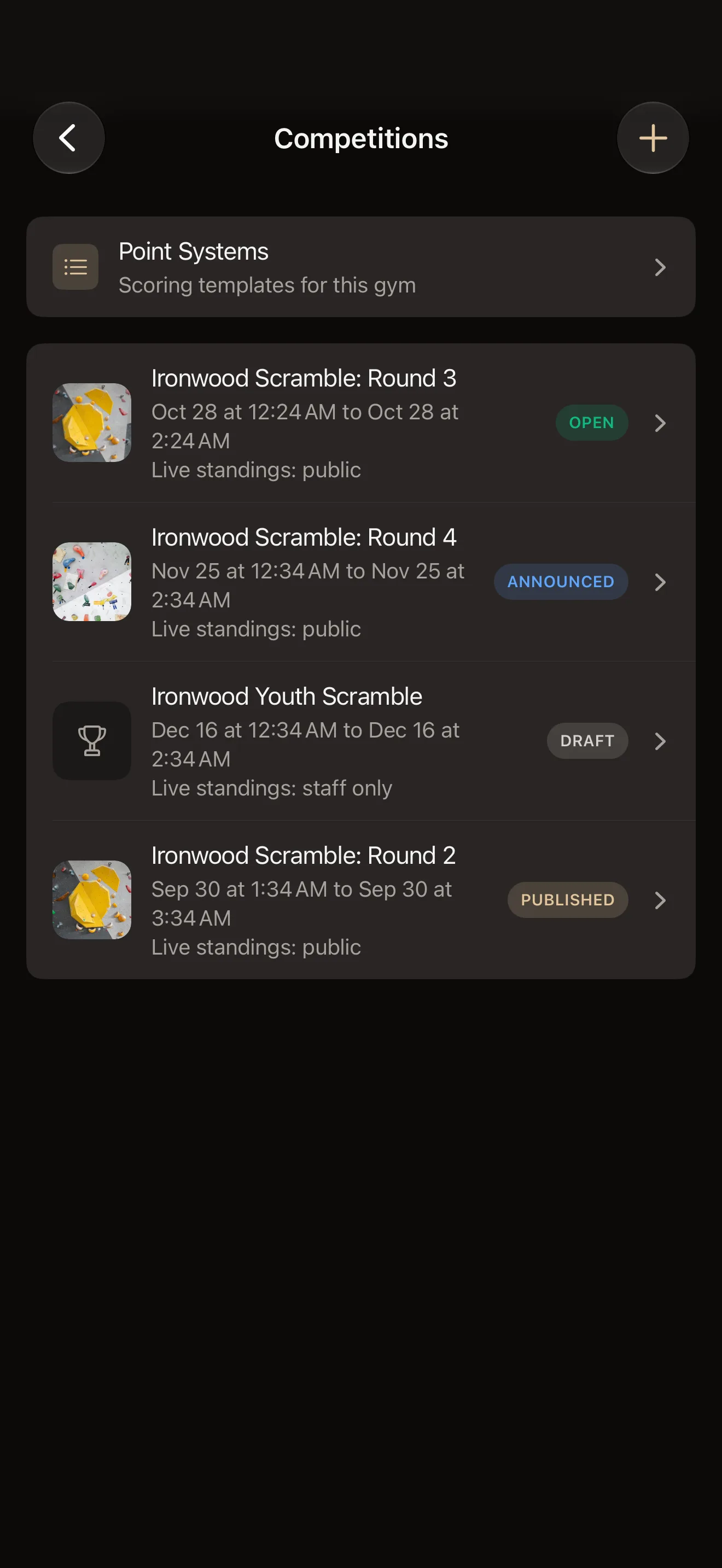 BoulderBase iPhone app list of a gym's competitions for staff