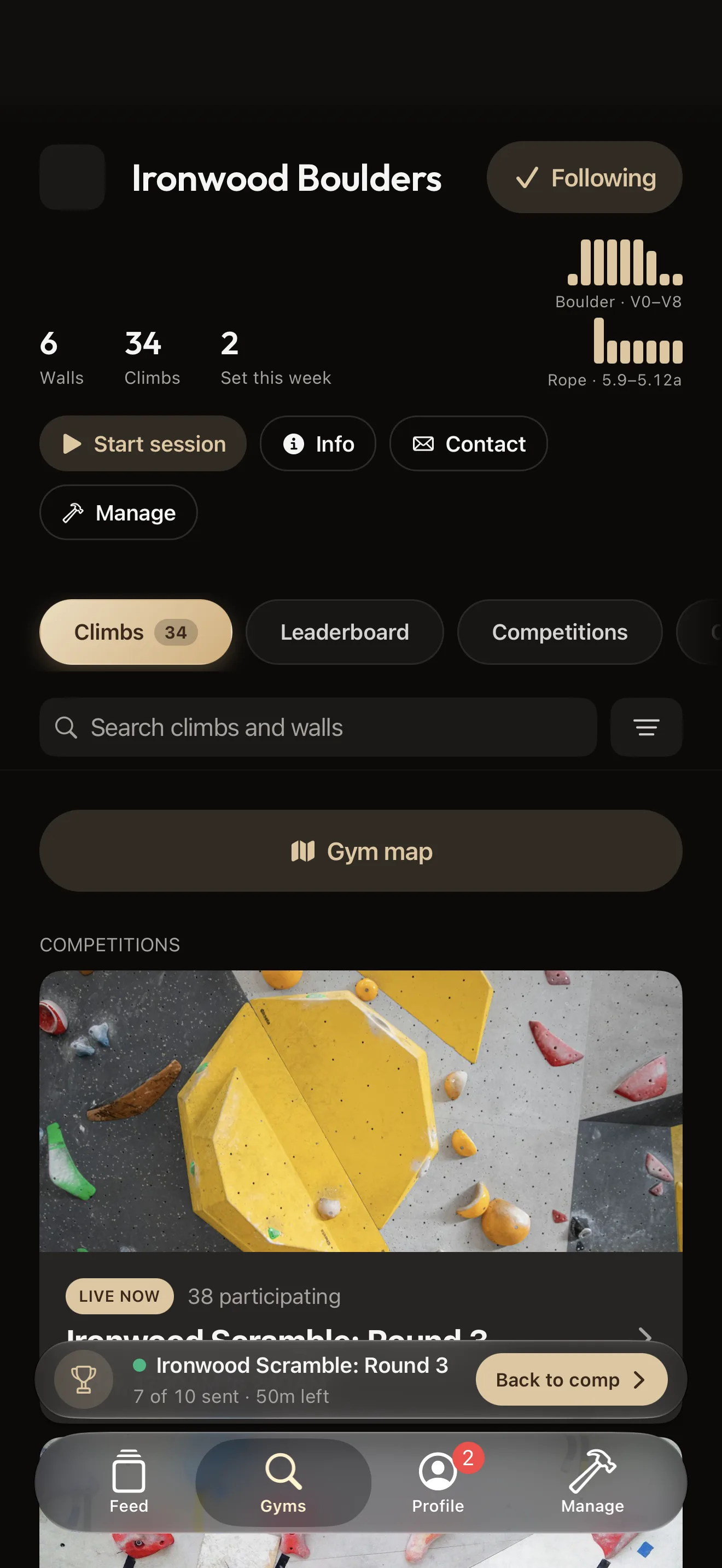 BoulderBase iPhone app showing a gym page with climbs, leaderboard and challenges