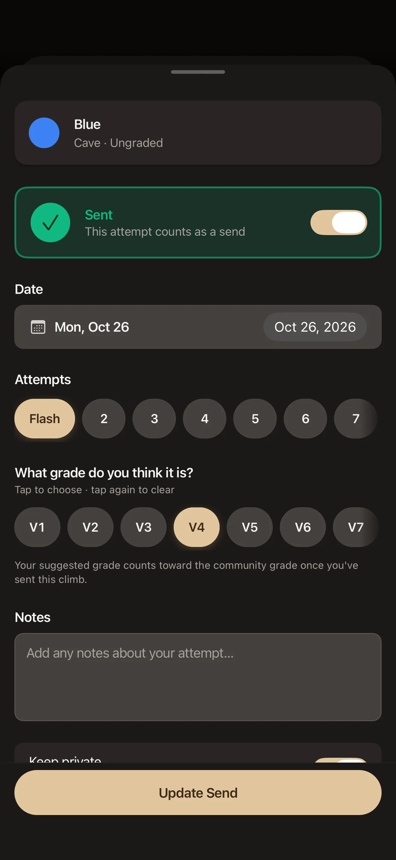 BoulderBase iPhone app logging a climb as a send, flash or project