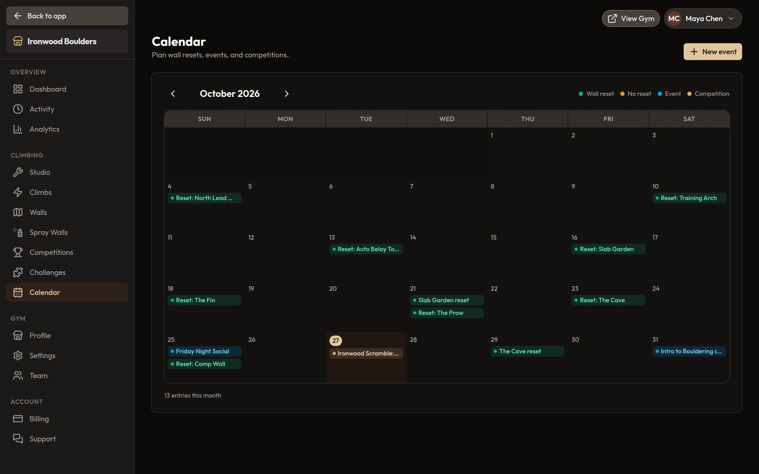 Gym calendar on BoulderBase with wall resets, events and a competition