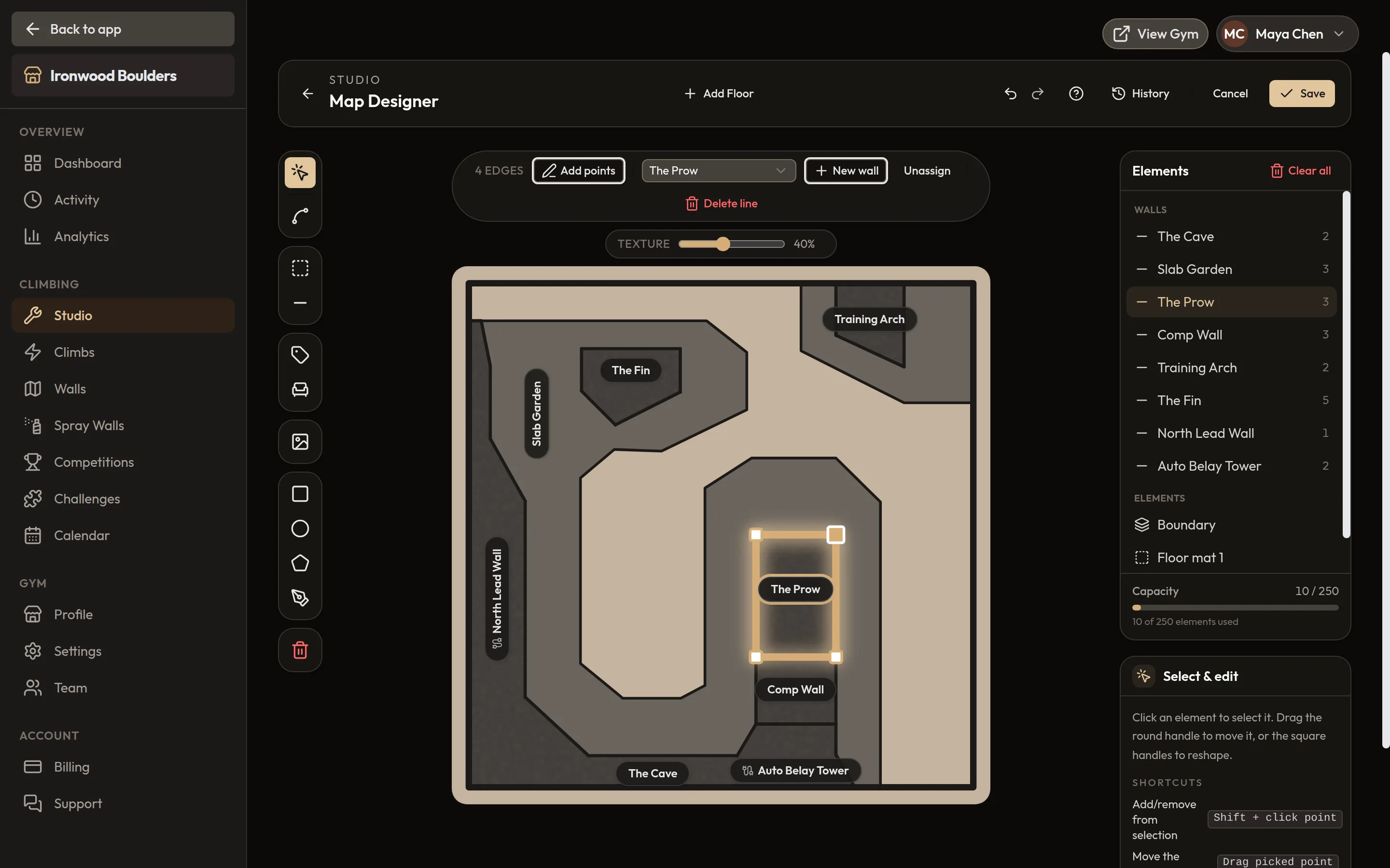 BoulderBase map designer mid-edit, drawing walls, fall mats and labels on a floor plan
