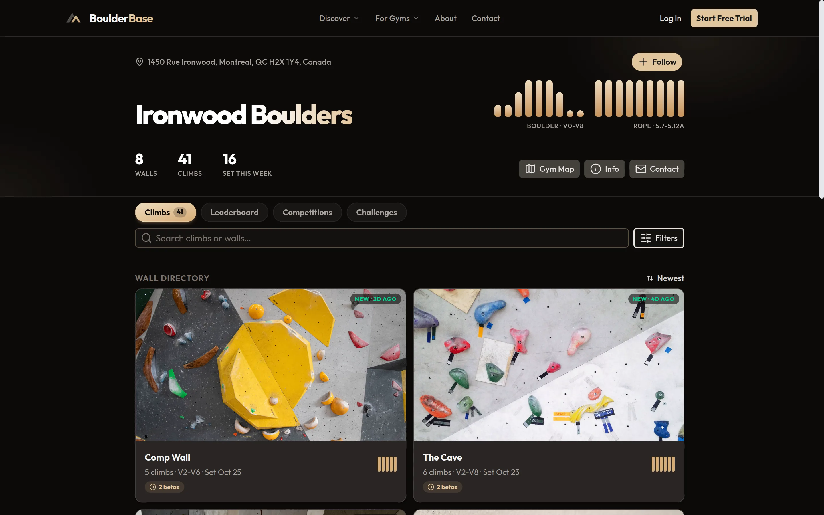 Public gym page on BoulderBase with an interactive map, wall directory and climb filters