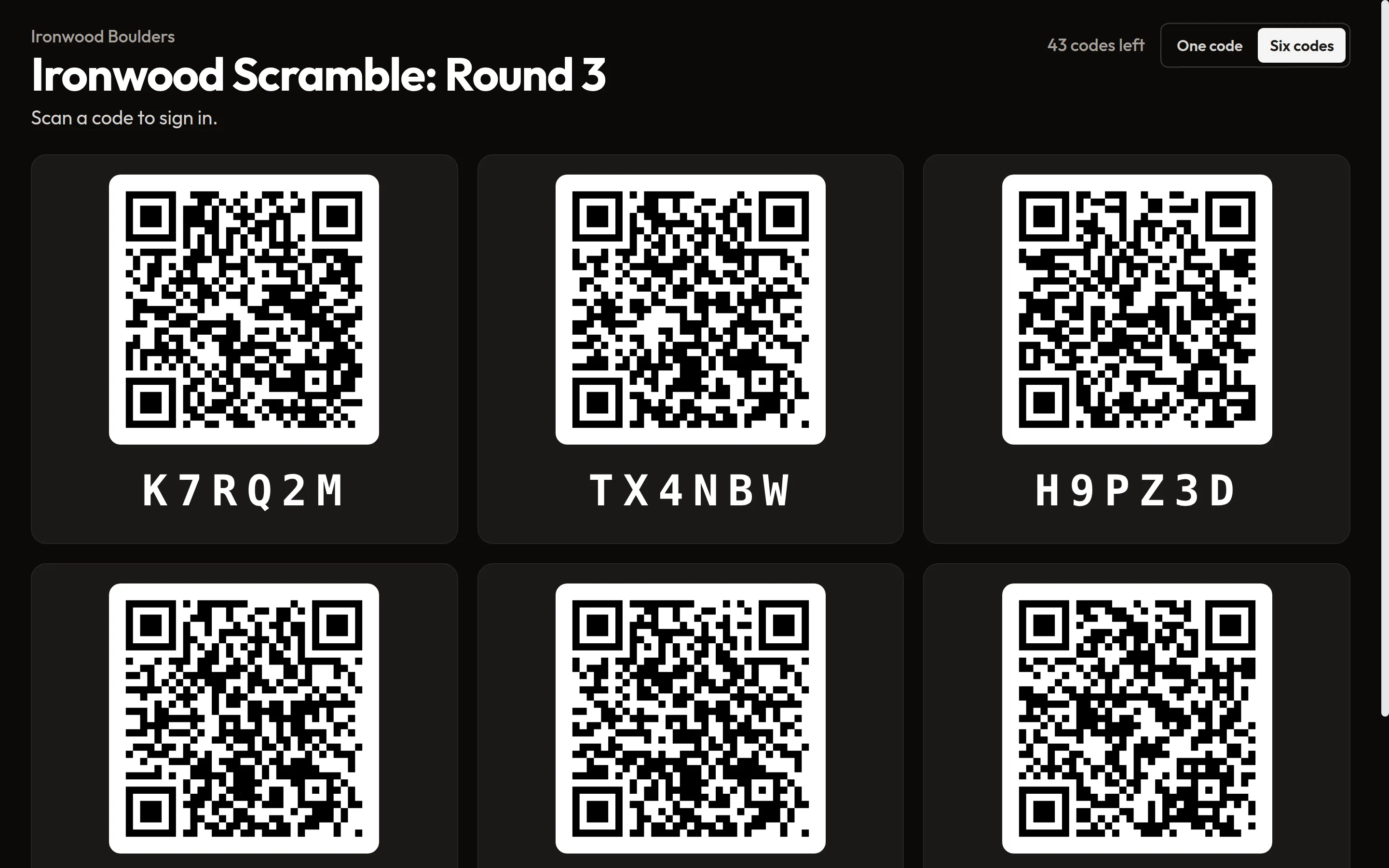 Front desk competition kiosk showing a QR code climbers scan to join