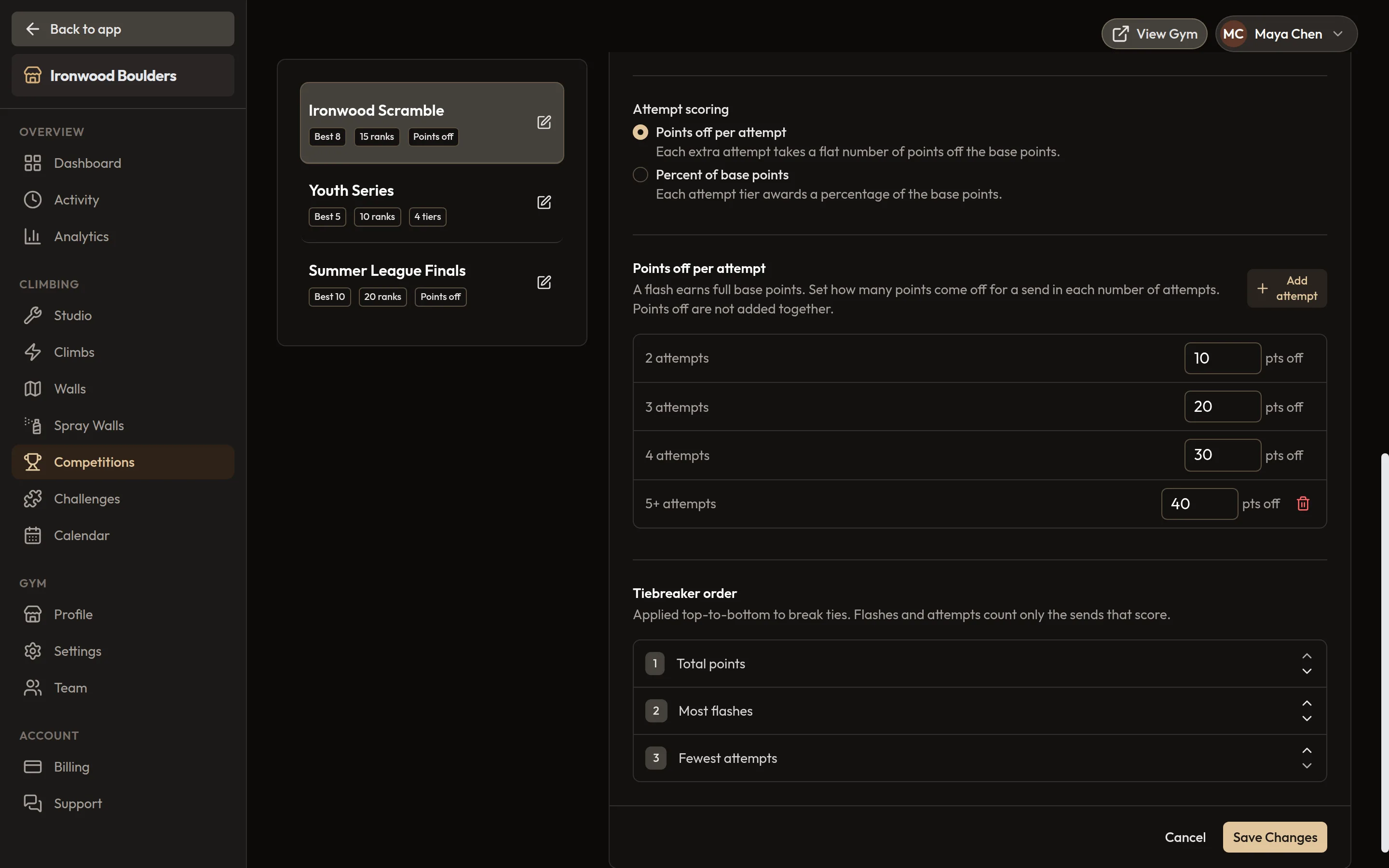 Competition point system editor with best N scoring, attempt scoring and tiebreakers