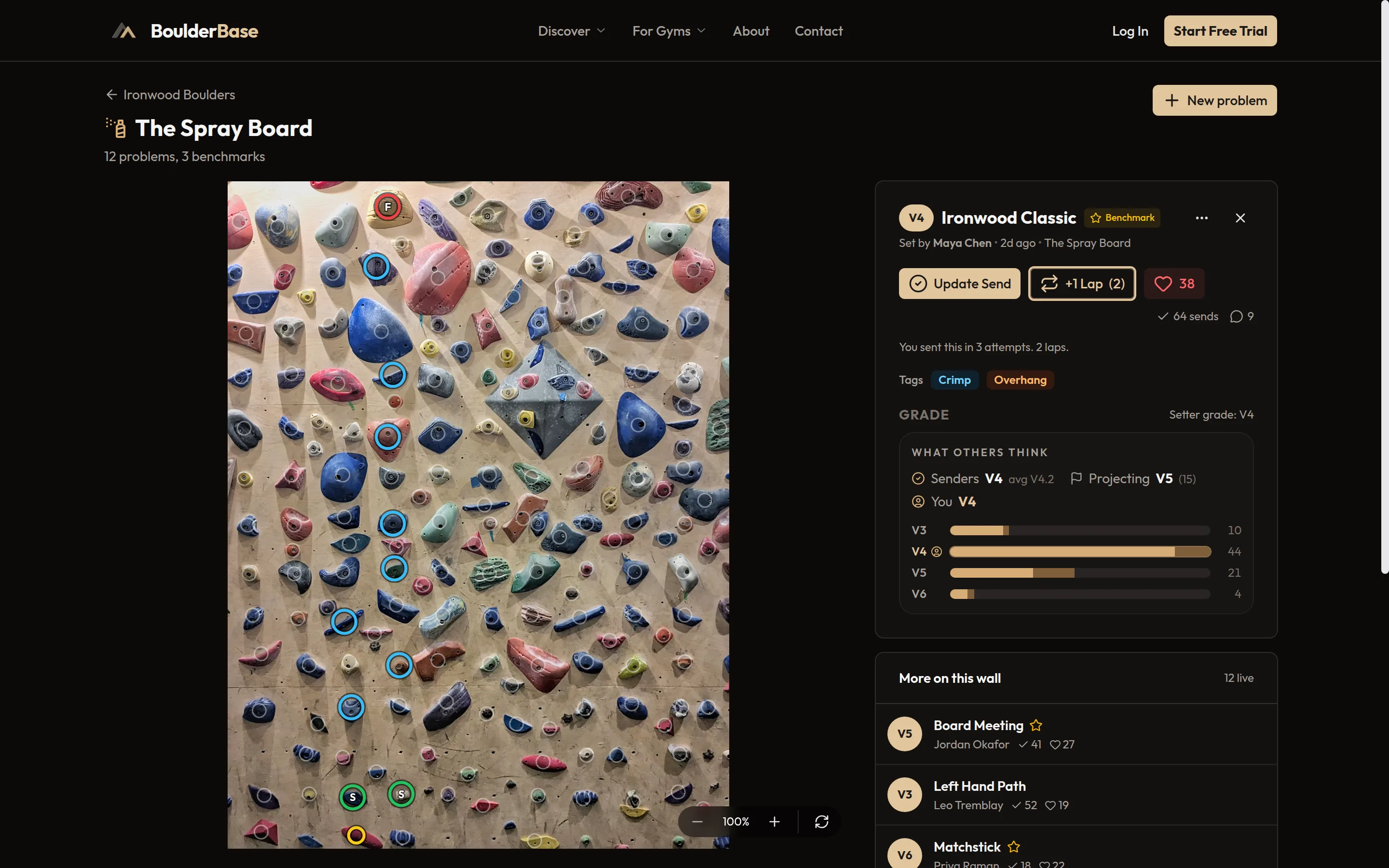 Spray wall on BoulderBase with climber-created problems marked on the wall photo