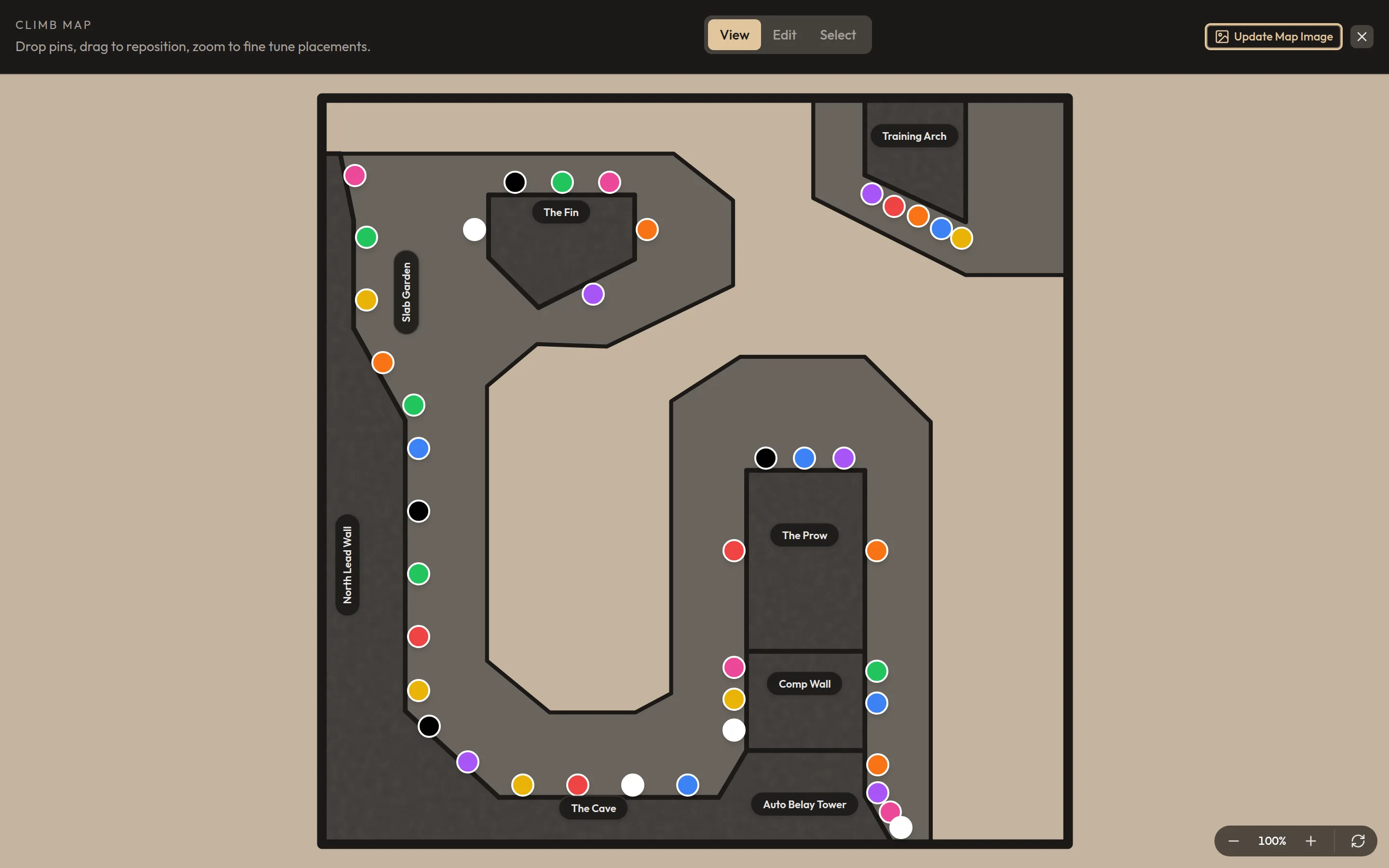 BoulderBase Studio showing a gym floor plan with climbs pinned to each wall