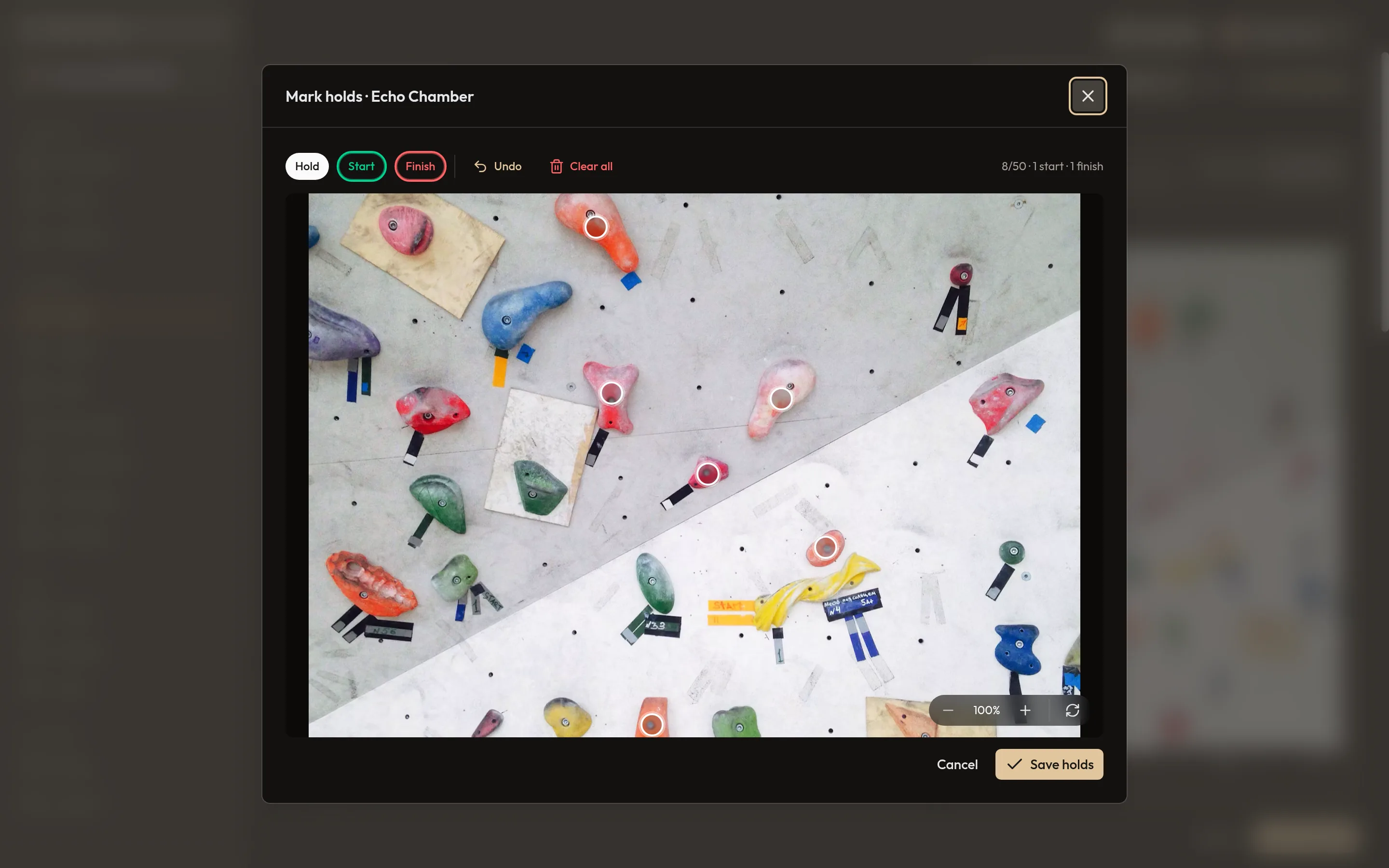 BoulderBase wall editor with a rotation photo and start, finish and hand holds marked on a climb